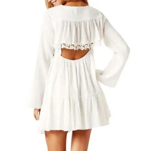 plus size white flare dress Chestnut Floral Lace Crochet Tiered Ruffled Mini Dress Chestnut / S / 90%Polyester+10%Elastane main image 0